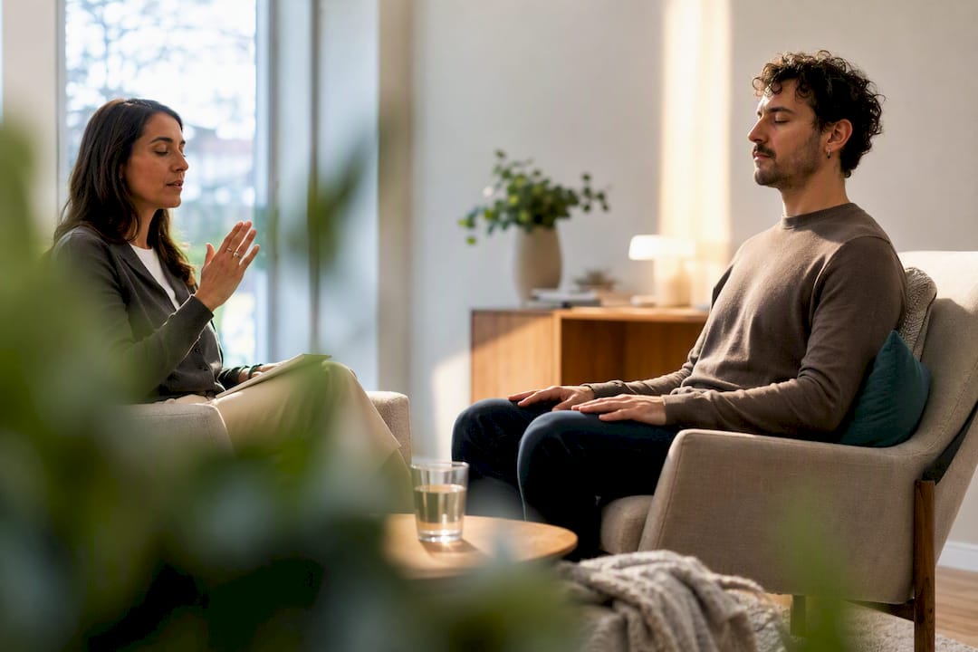 Clinician guiding a DBT breathing practice
