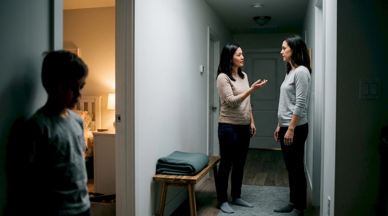 Parents calmly pausing disagreement near child