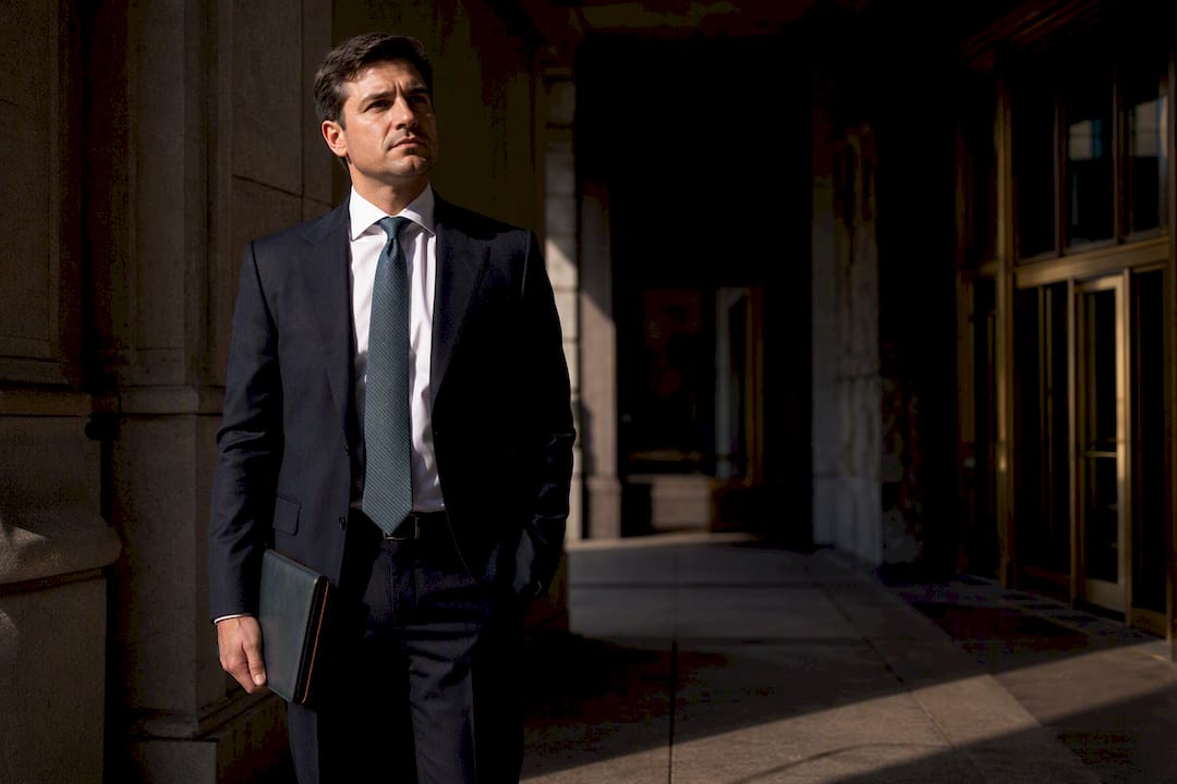 Georgia lawyer pausing outside courthouse