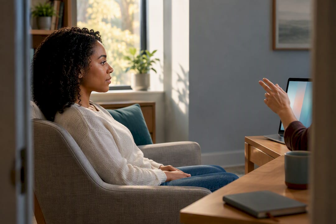Client following hand movement during online EMDR