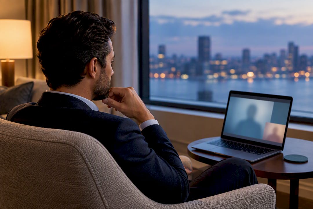 Executive attending private online therapy