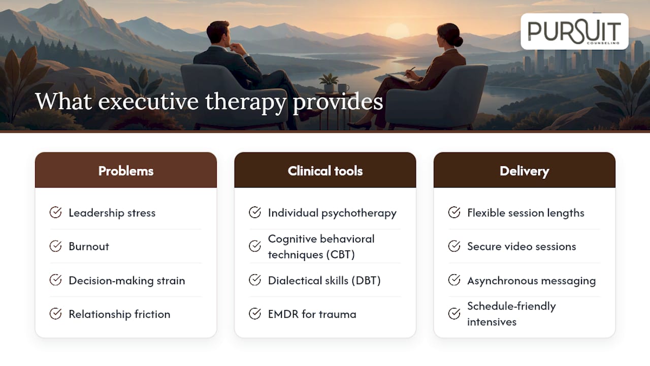 What executive online therapy provides — overview diagram