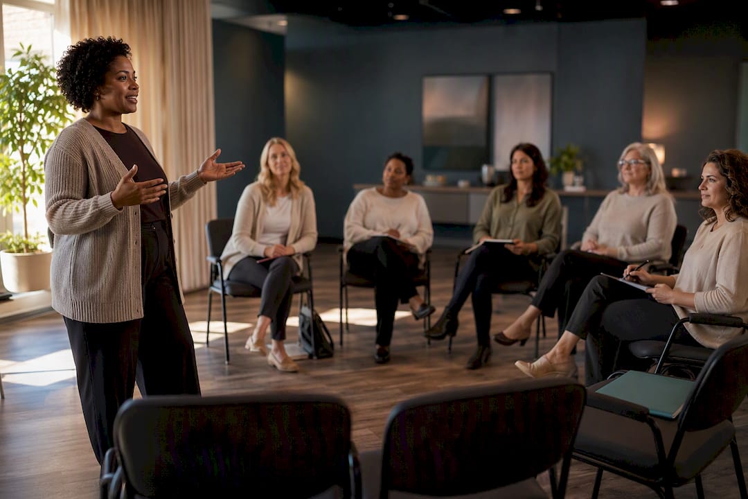 Facilitator leading professional mental health workshop