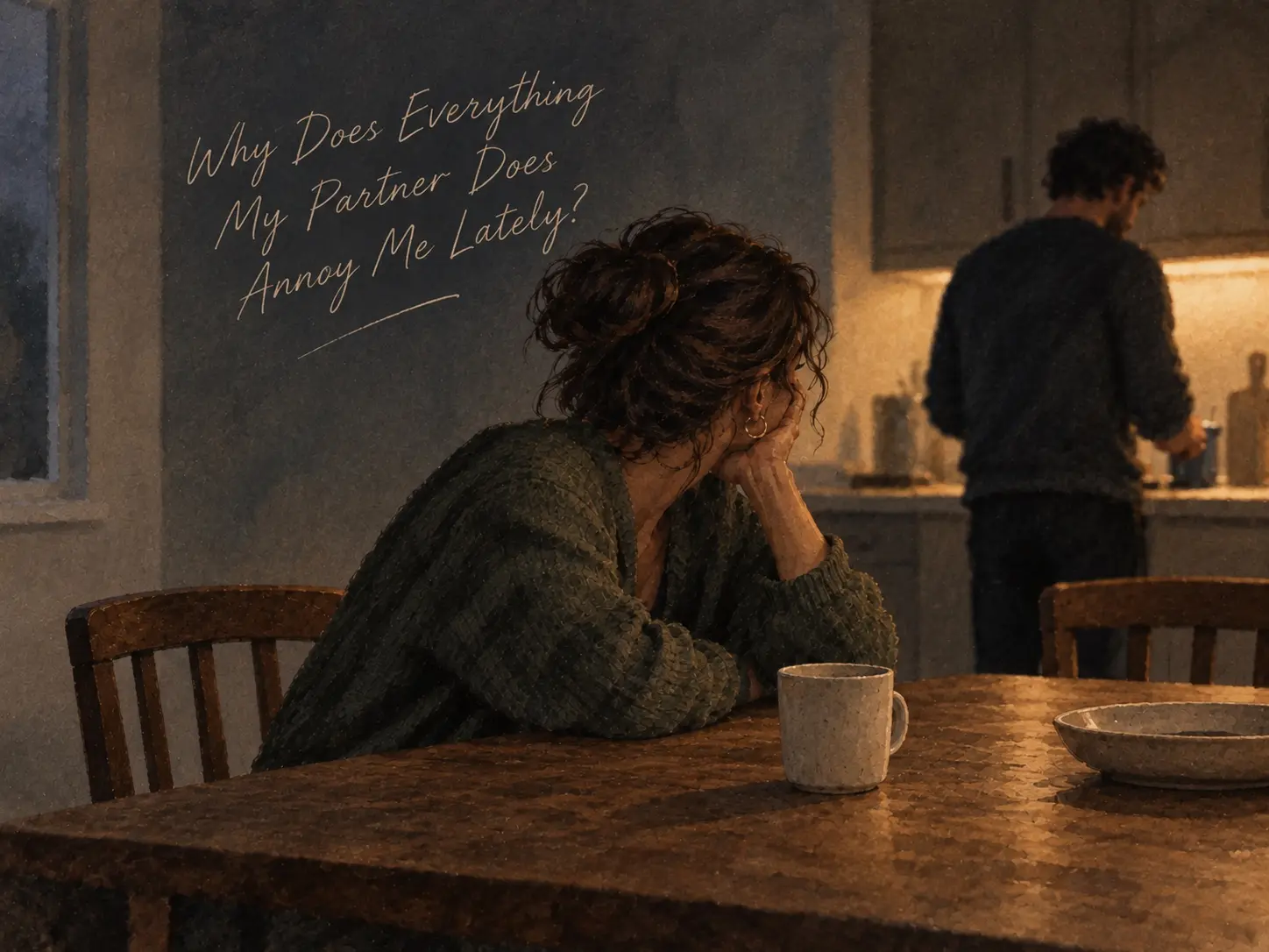 Watercolor illustration of a couple sitting apart during a tense quiet moment.