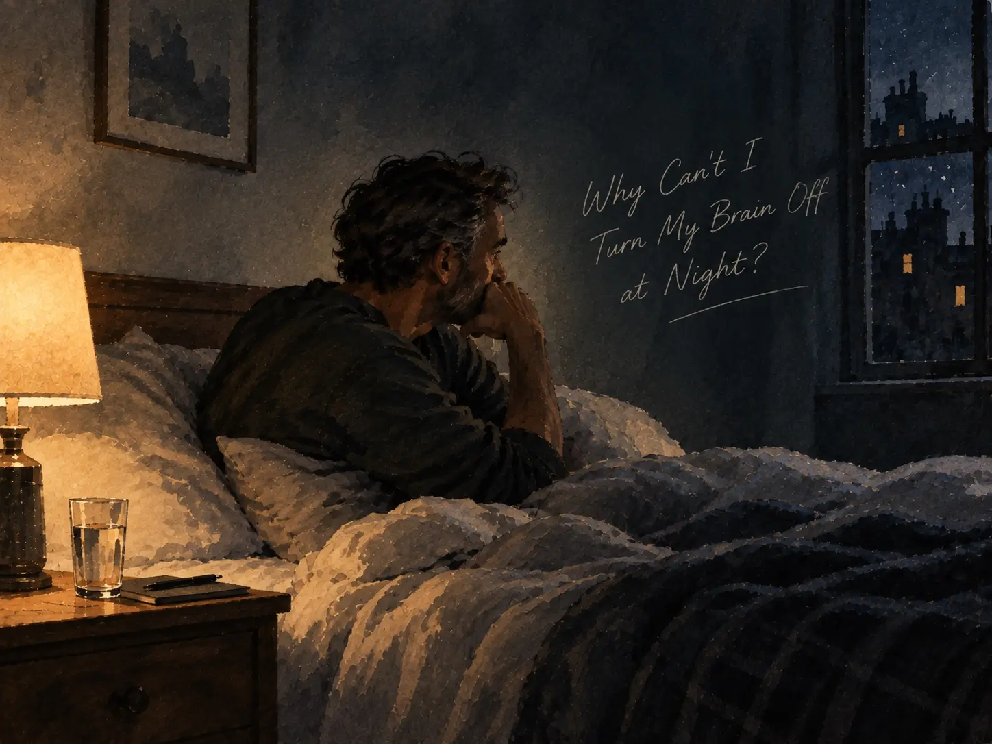 Watercolor illustration of a man lying awake with racing thoughts at night.