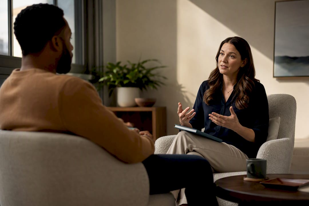 Counselor discussing therapy options with client