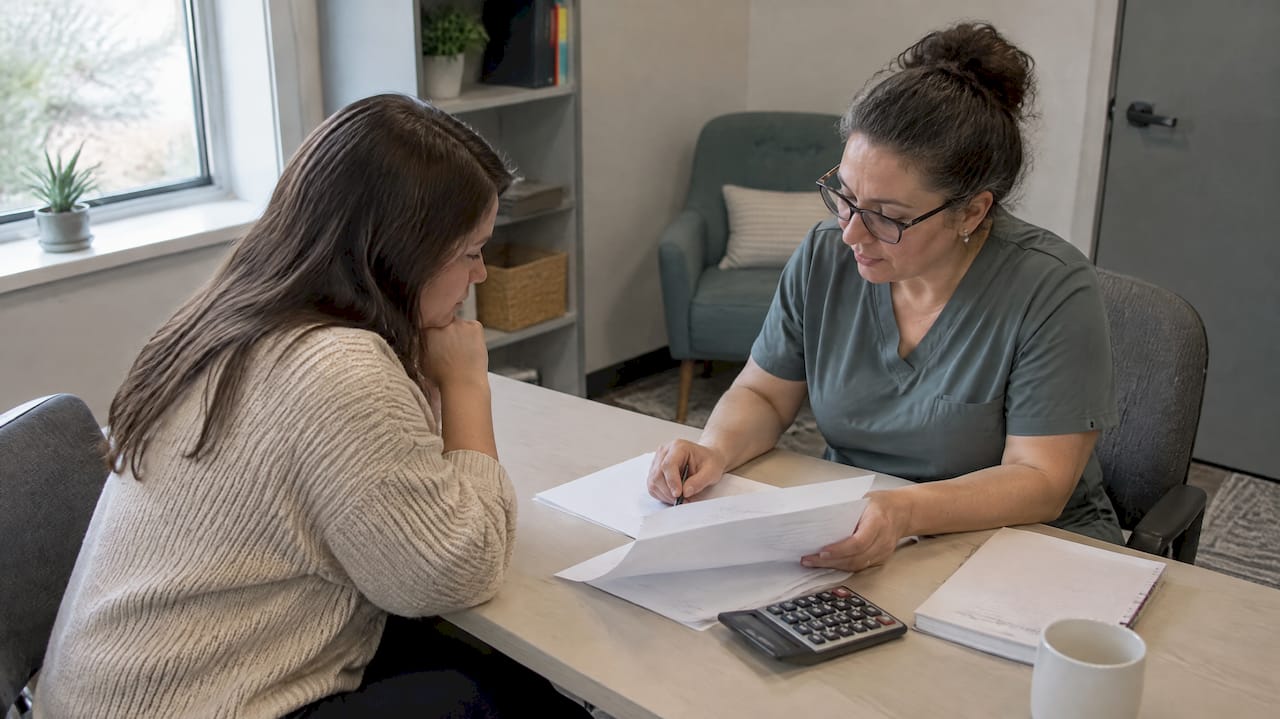 Client and clinician reviewing neurofeedback costs