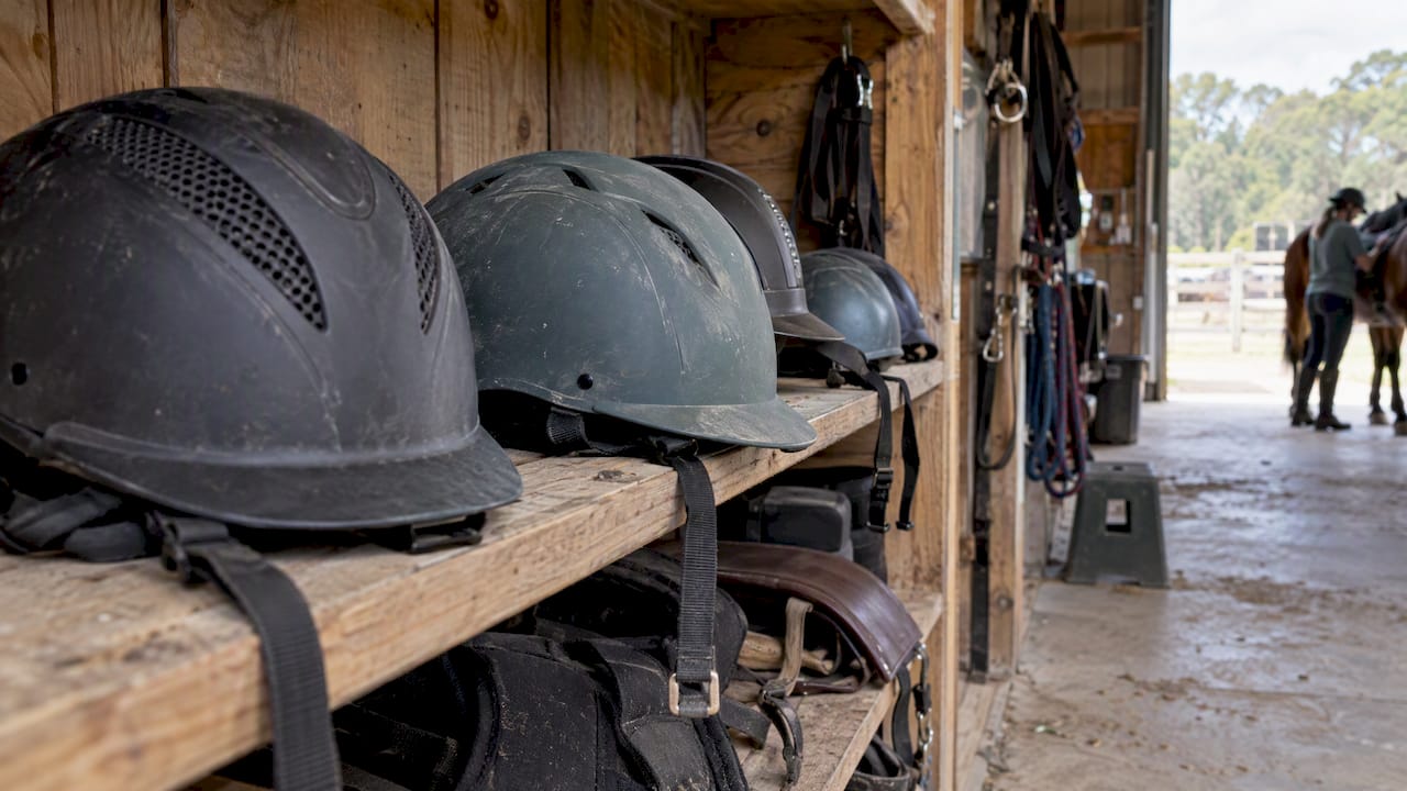 Helmets and safety gear in therapy barn