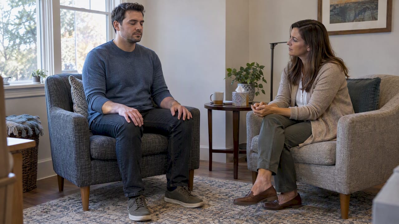 Client practicing mindful anger regulation with therapist